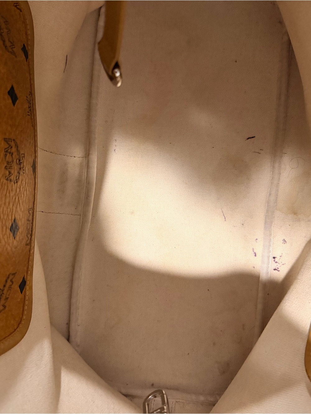 MCM Cognac Monogram Tote with Lime Stripe - Picture 5 of 5